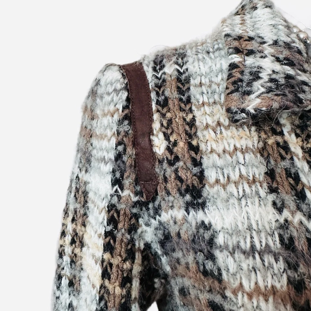 FREE PEOPLE ~ Brown Plaid Knit/Tweed Shacket with Buckle Details size 6